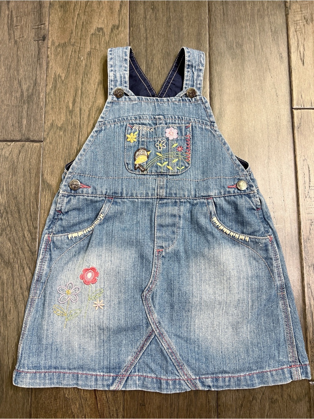 Mothercare Floral Embroidered Denim Overall Pinafore Jumper Dress 18-24M